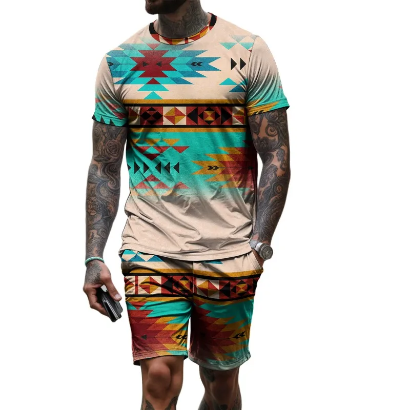 

2025 Retro Ethnic T-shirt 3D Printed T-shirt and Shorts Sportswear Two-piece Set Casual Outdoor Sportswear Men's T-shirt Set
