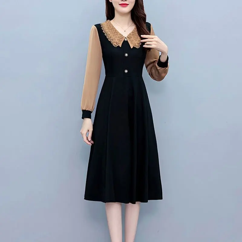 Commute Lace Peter Pan Collar Midi Dress Spring Autumn Long Sleeve Spliced Female Clothing Button Elegant A-Line Waist Dresses