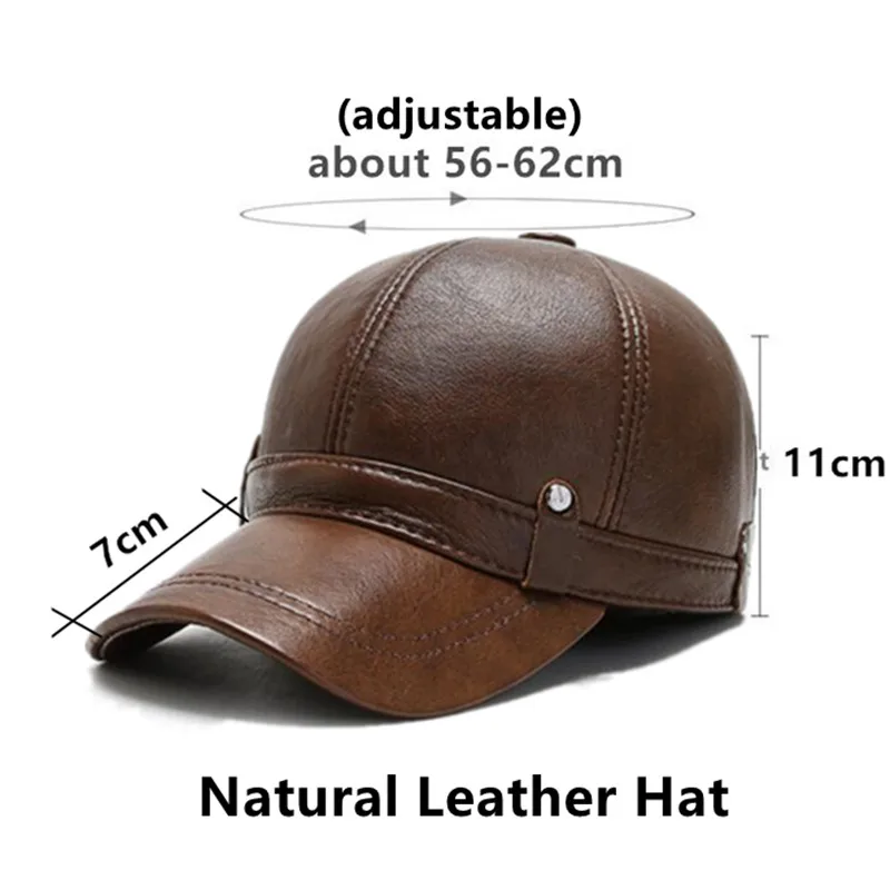 Autumn Winter Men\'s Warm Cowhide Leather Baseball Cap Cold Proof Earmuffs Hat Men Natural Leather Caps Snapback Cap Brands Hats