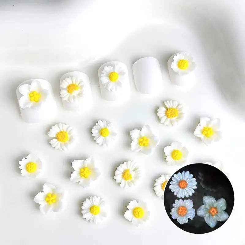 50PCS 3D Luminous Five-petal Flowers Nail Art Charms White Yellow Splicing Daisy Nail Decorations for DIY Hairpin Nail Parts