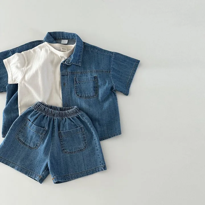Solid Denim Suit Baby Spring Autumn Long-Sleeved Denim Shirt Jacket Trousers Two-Piece Baby Boys Girls Simple Casual 2PCS