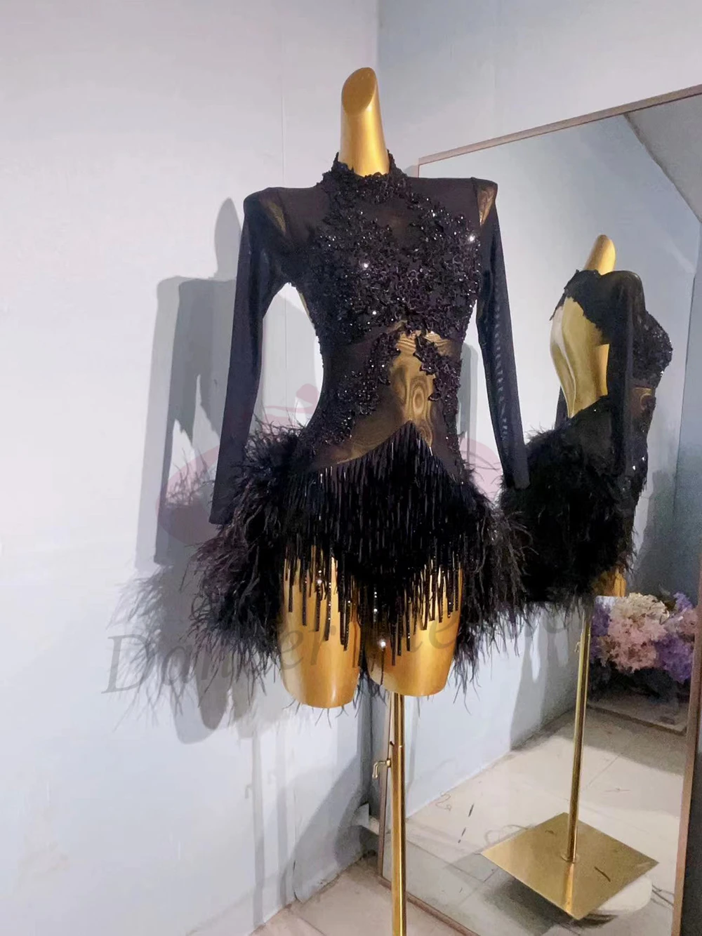 

Костюм для латинских танцев AB Stone для женщин, взрослых и детей, элитное черное платье с вышивкой на заказ, черное платье для выступлений в бассейне и самбе