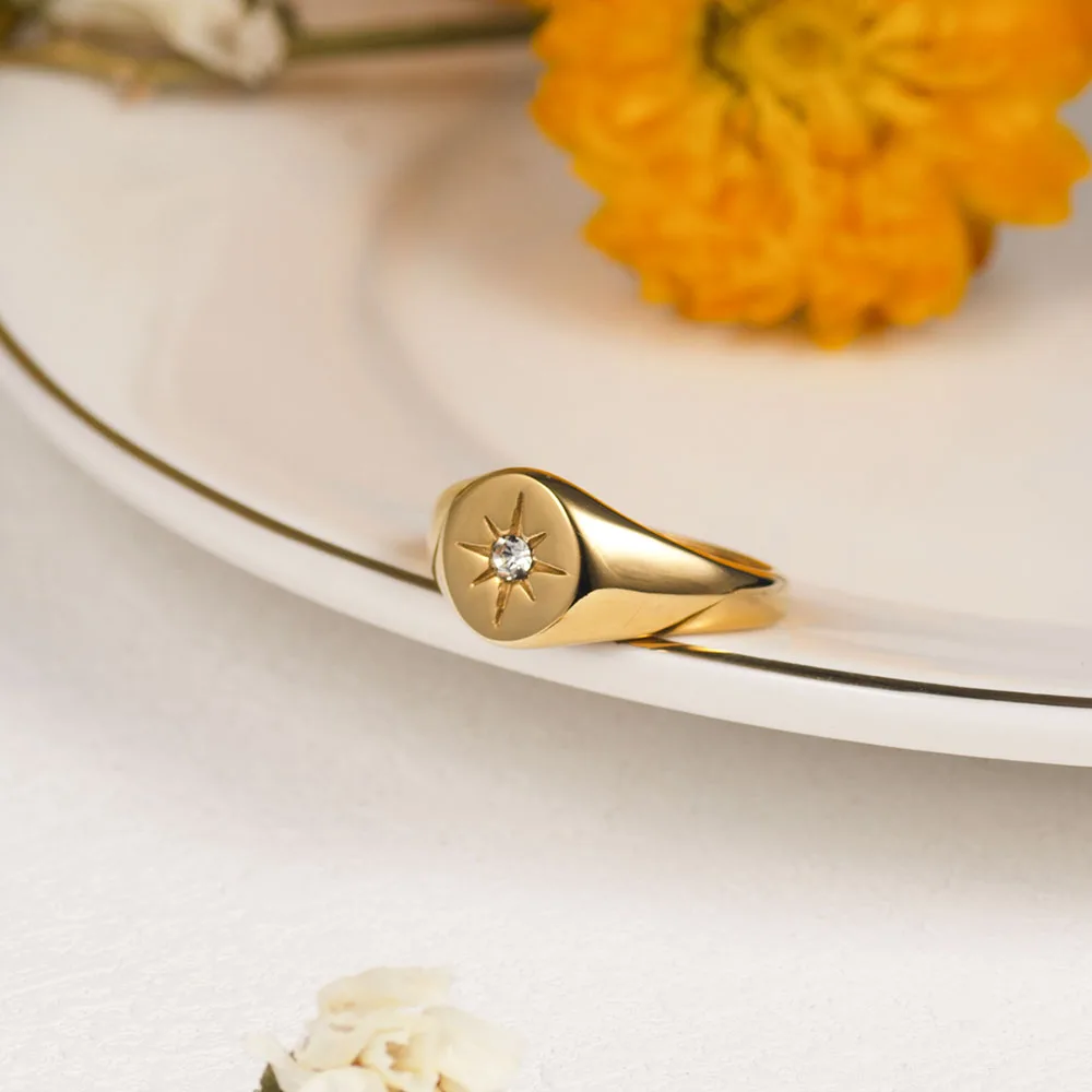 Valily North Star Stainless Steel Simple Signet Band Ring for Women Everyday Jewelry