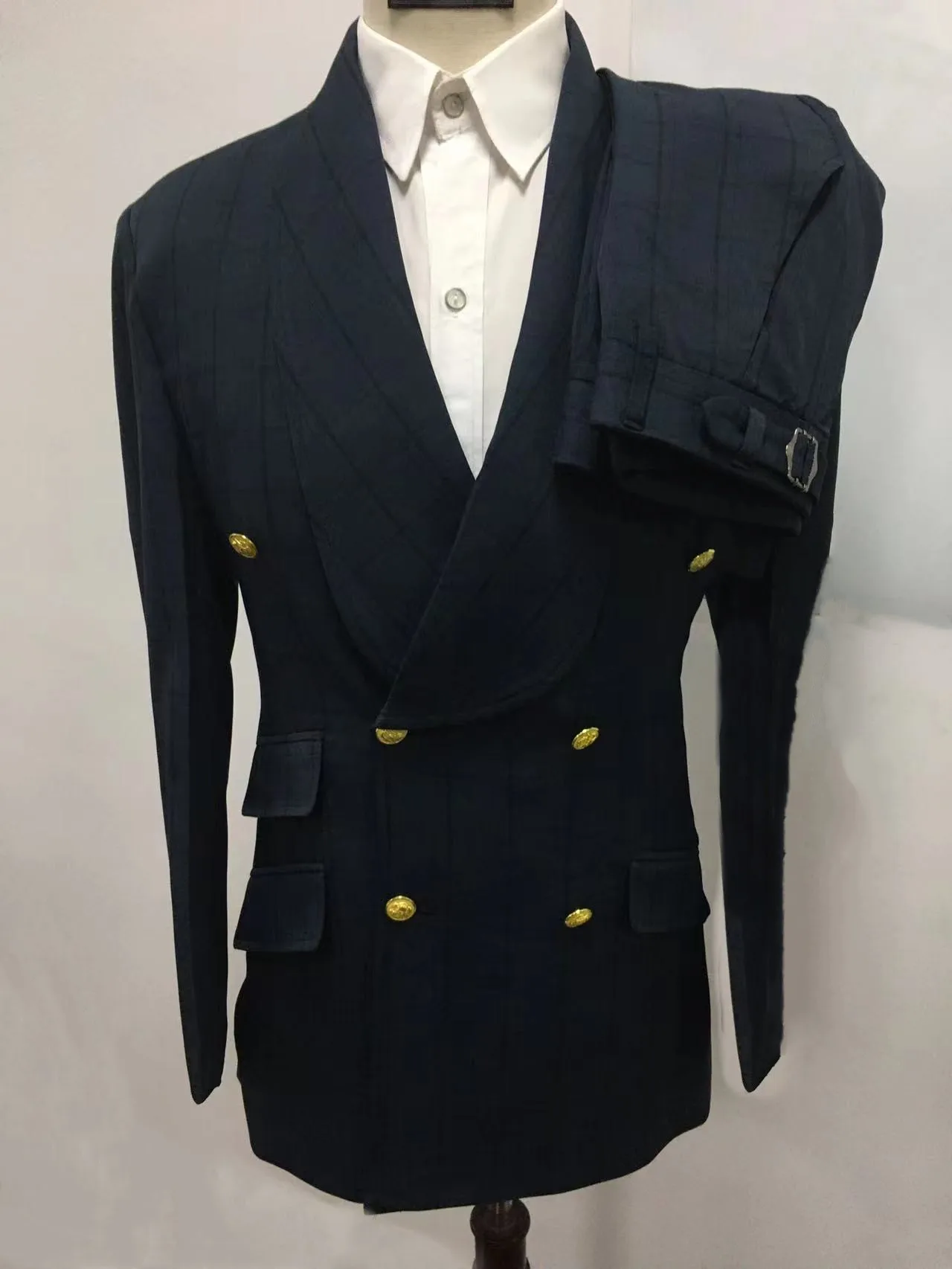 

Custom Unique design materials Navy Plaid fashion suits for mens formal wedding groom prom party men suit Blazer Double breasted