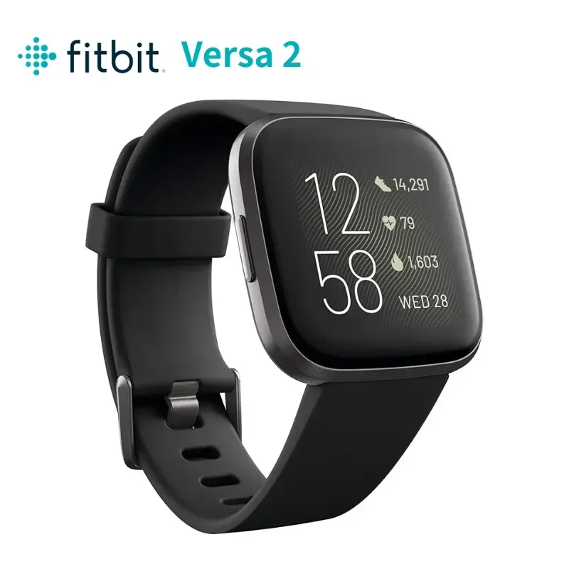 Умные часы Fitbit Versa 2, для здоровья и фитнеса с пульсометром, музыкой, встроенной Alexa, отслеживанием сна и плавания, черный/углерод