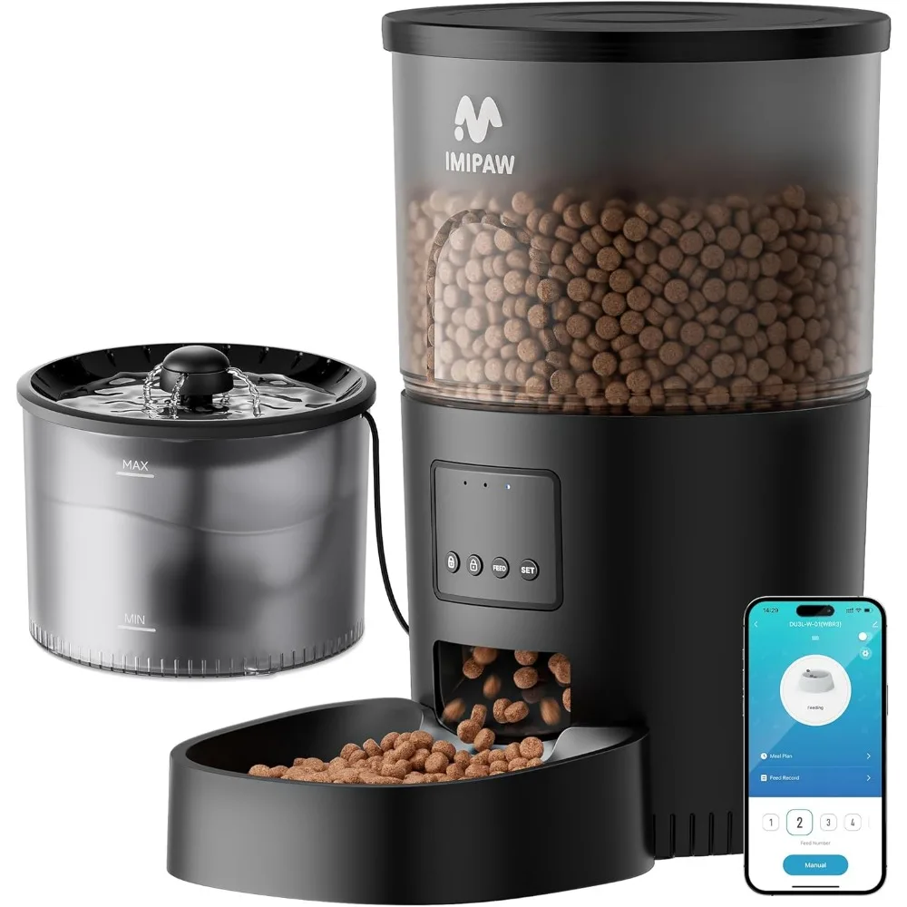 Automatic Cat Feeder and Water Dispenser Combo with WiFi App Control, Timed Feeding, Filtration System for Small Pets