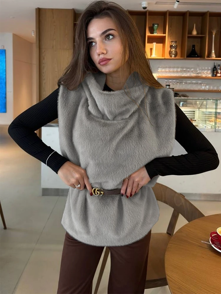 

Talenza однотонные жилеты из искусственного меха, укороченный топ, женская модная водолазка, пушистые топы на бретелях, зимние женские элегантные куртки без рукавов, пальто