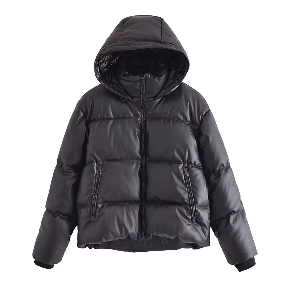 2024 Winter Neue Modische frauen Pendler Schwarz Casual Leder Mit Kapuze Baumwolle Jacke Verdickt Warme Mantel