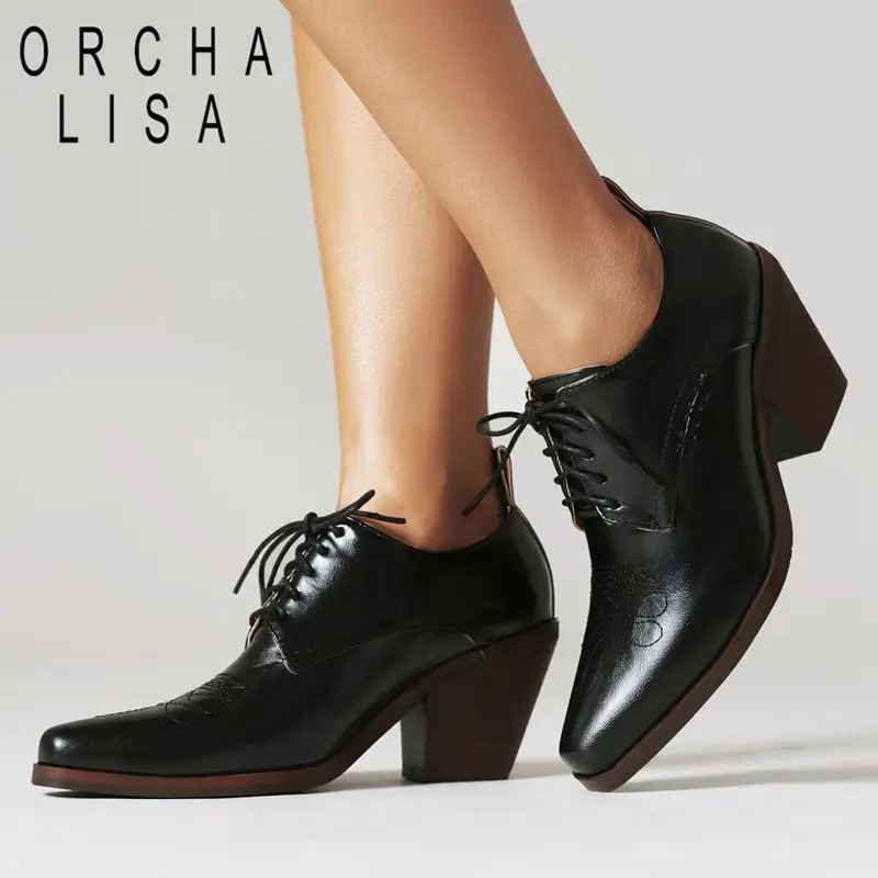 ORCHA LISA Vintage Classic décolleté femminili tacchi grossi 7cm punta quadrata in pizzo Plus Size 46 47 48 Fashion Daily Office Ladies Shoes