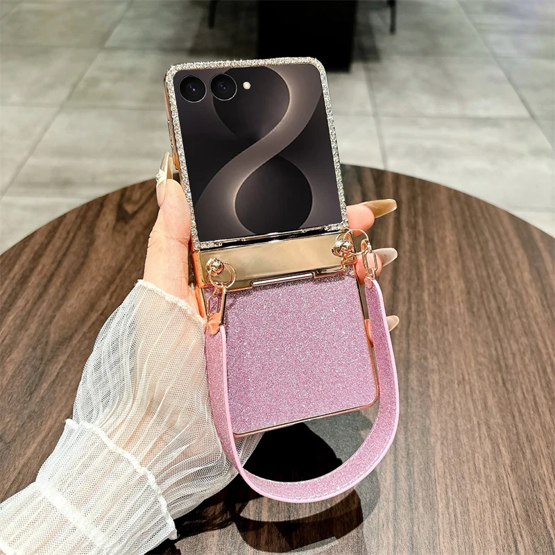 For Samsung Z Flip 8 Phone Case Electroplated Luxury Leather Wristband Lens Hinge Protection Shockproof Anti-Fingerprint Cover