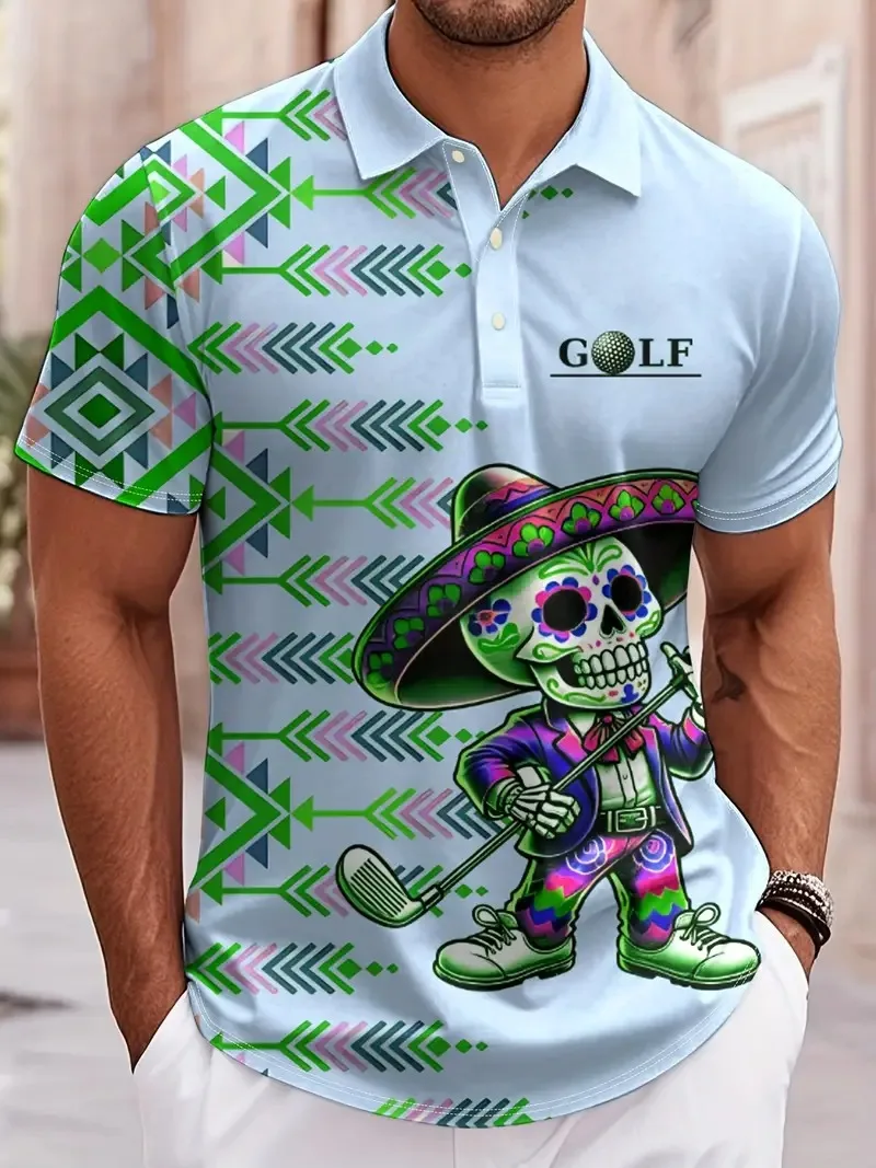 

Men's golf and Mexican Day of the Dead short sleeved polo fashion outdoor breathable casual sports oversized golf men's clothing