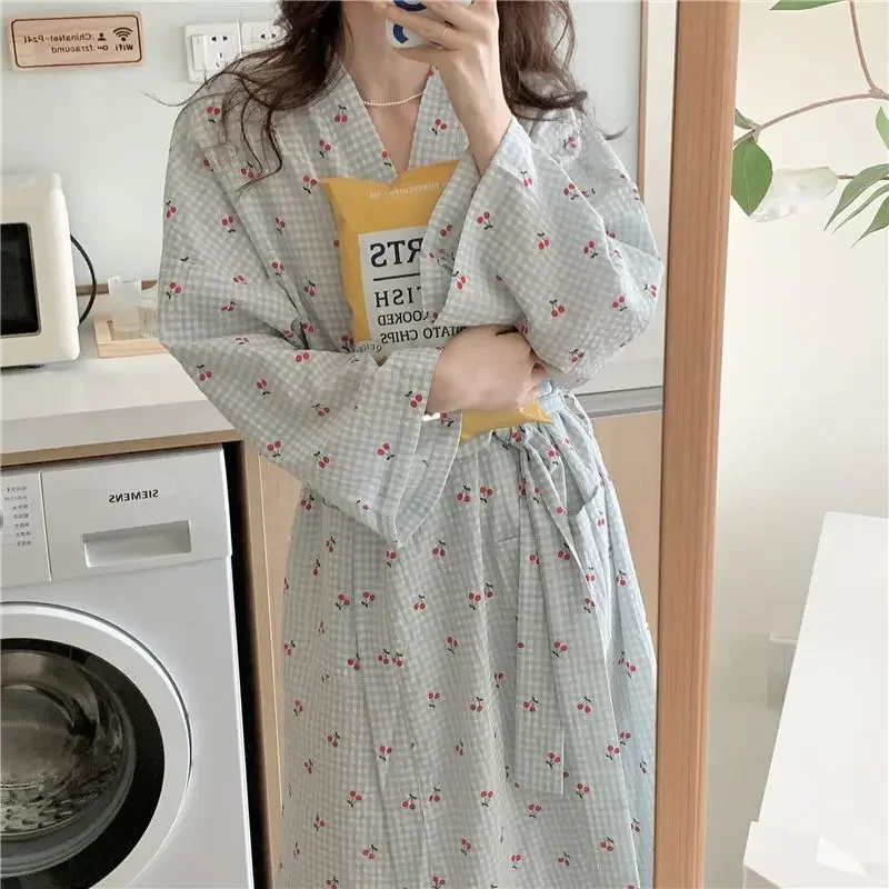 Women Spring Autumn Kimono Bathrobe Female Long Sleeves Pajamas Printed Cozy Nightgown Sweet Cute Sleepwear Girls Dressing Gown