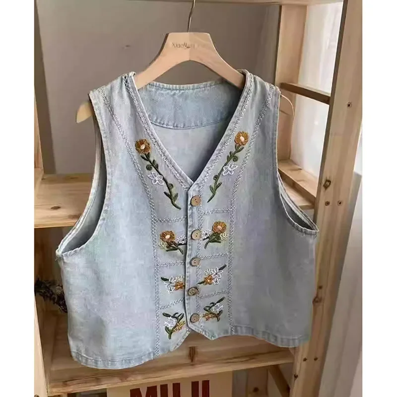New Embroidered Denim Vest Jacket Women Summer Female Student Loose Sleeveless Vest Coat Women Jean Tops Outerwear Cowboy VestL