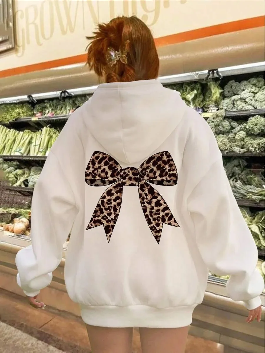 

Autumn and Winter Whimsical Leopard - Ribbon Cotton Hoodie, Perfect for Expressing Distinctive Feminine Taste