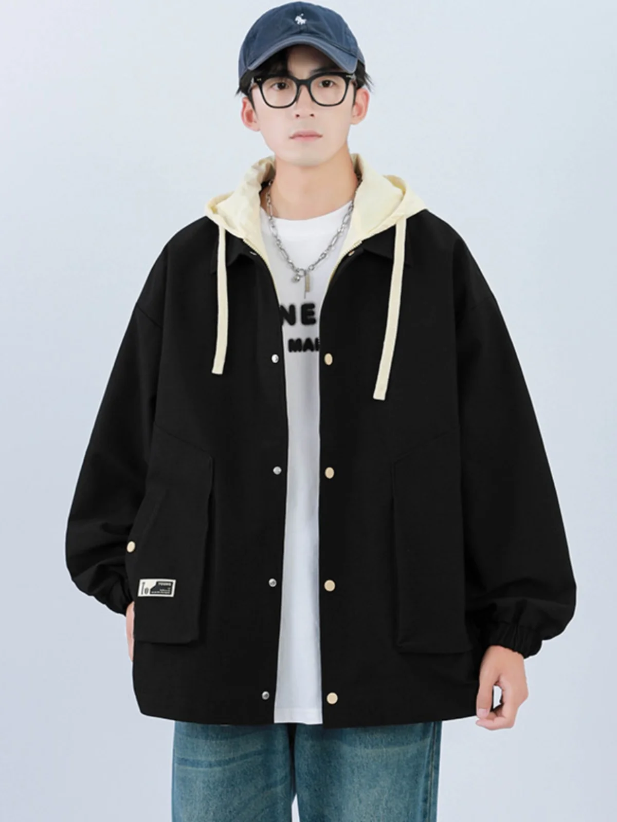 

Casual Men's Hoodie Jaet Fake Two-Piece Loose Fit Korean College Sle Spring Autumn New Trendy Brand Windproof Long Sve