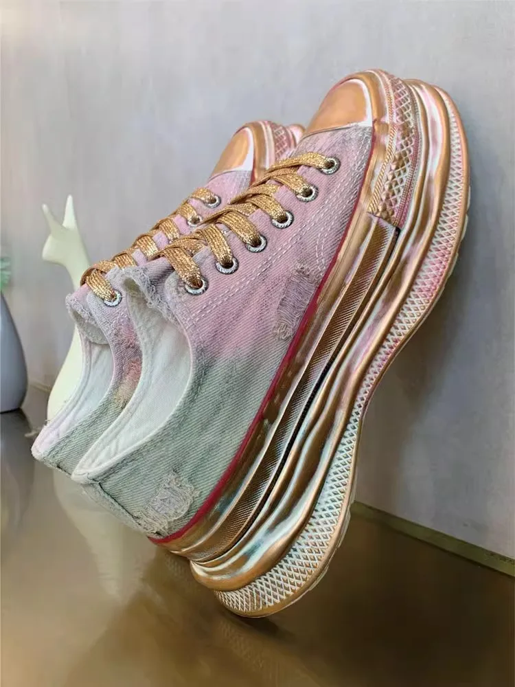 Fashion Women Lace Up Low Cut Thick Platform Canvas Shoes Round Toe Vintage Hole Ripped Casual Shoes Color Gradient Wedges Pumps