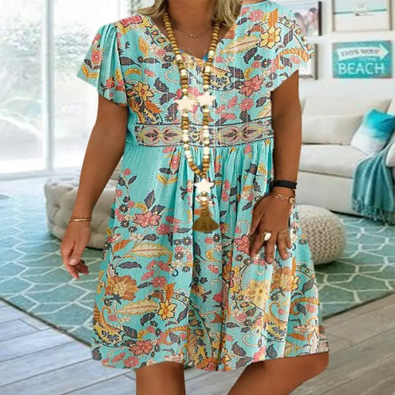 

Women Casual Short Sleeve V-Neck Floral Printed Midi Dress