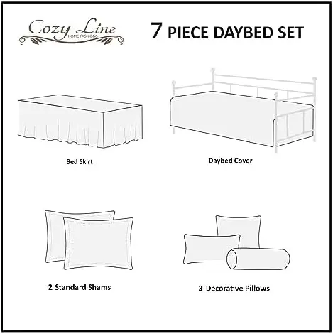 Cozy Line 7 Piece Daybed Cover Set - Mirage Paisley Turquoise Blue Coral Floral Leaf Reversible All Season Luxury