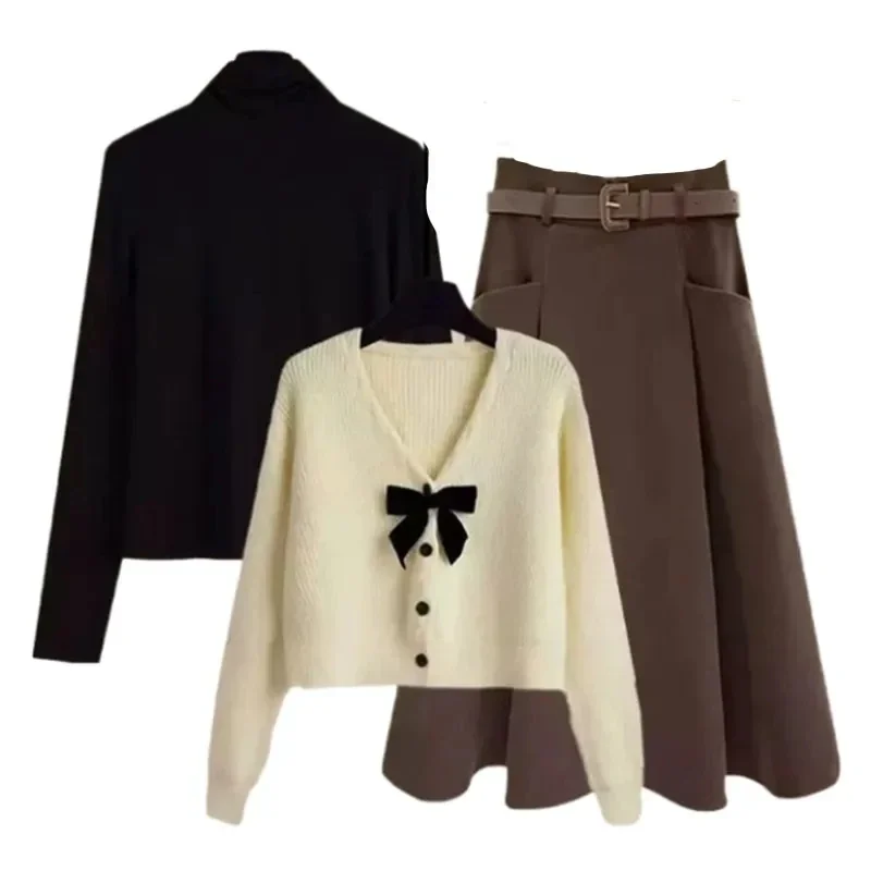 

Женский весенне-осенний комплект, новинка 2024, корейский модный кардиган, универсальная нижняя рубашка, юбка до локтя, Модный комплект из трех предметов