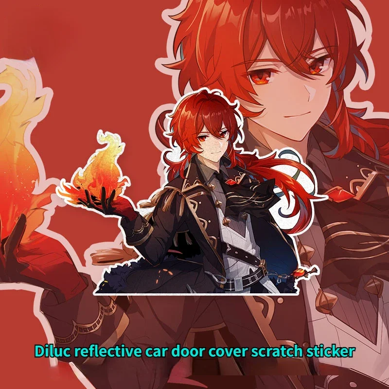 Genshin Impact Cartoon Anime Game Peripheral Reflective Car Sticker Diluc Door Body Scratch Cover Rear Window Glass Sticker