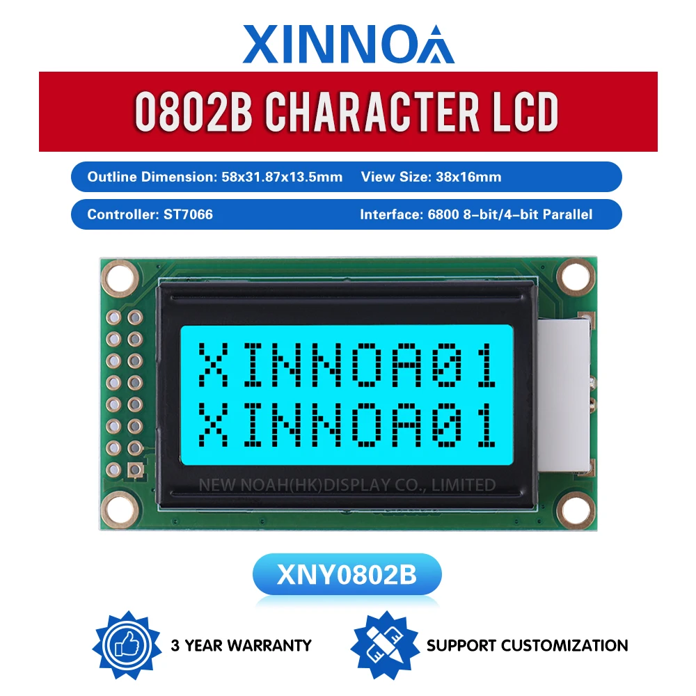 Ice Blue Film Black Letters 0802B 3.3V Character LCD Module 02X08 LCD 16 PIN 58X31.87Mm Three Year Warranty LCM Display Module