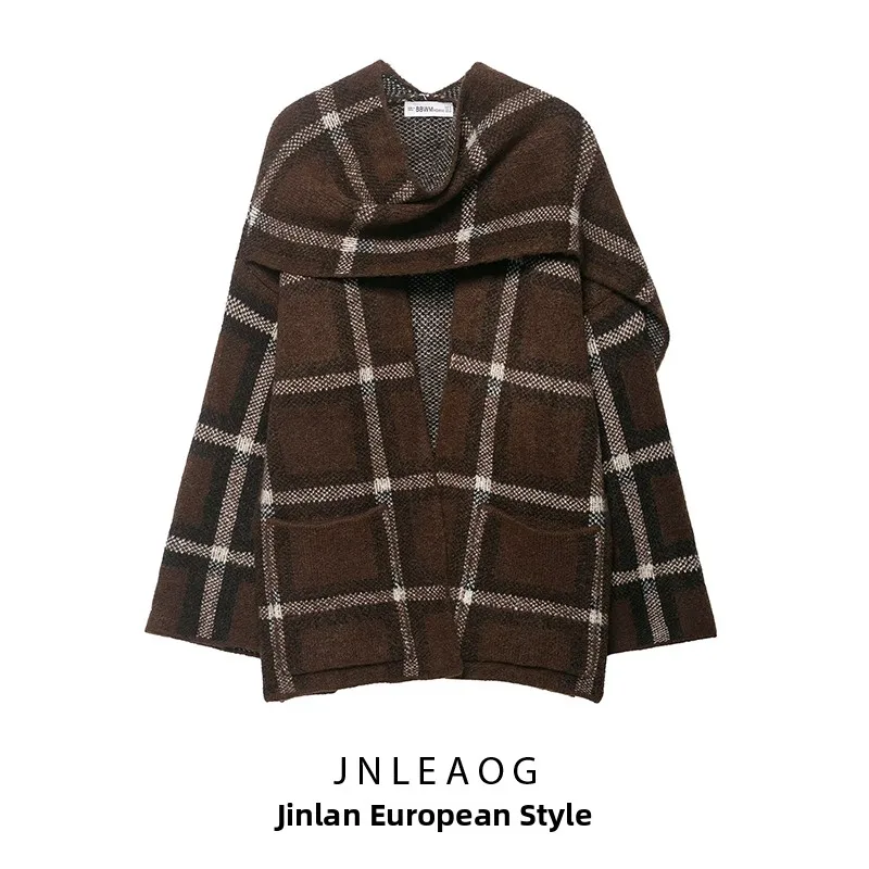 ファイオナブルな格子柄スカーフニットコートジャケット女性の秋の新作スレポリエステル繊維ハイカラーロングスリーブレギュラーフィット