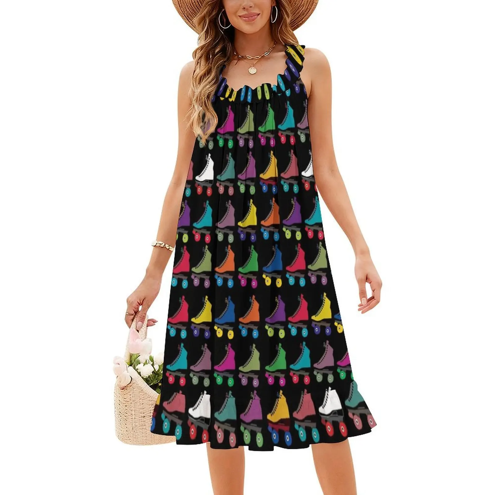 Multicolored Skate Women's Streetwear Party Dress Trendy Print Club Clothing For Female Skate Multicolour Pattern Wheels Roll