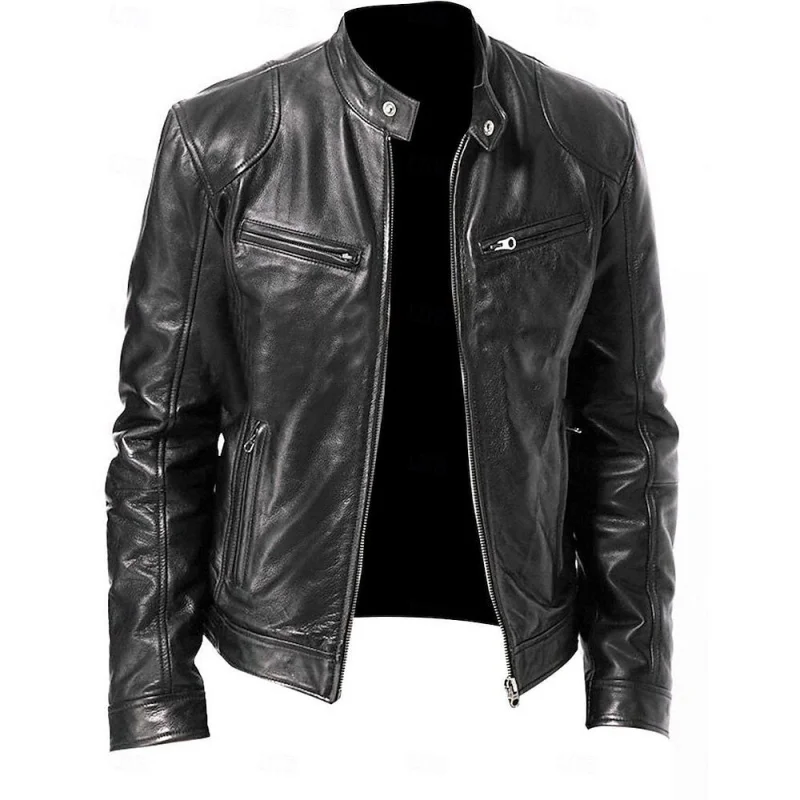 2024Men's Clothing Men's Leather Coat Male Teenager Stand Collar Punk Male Motorcycle Leather Jacket