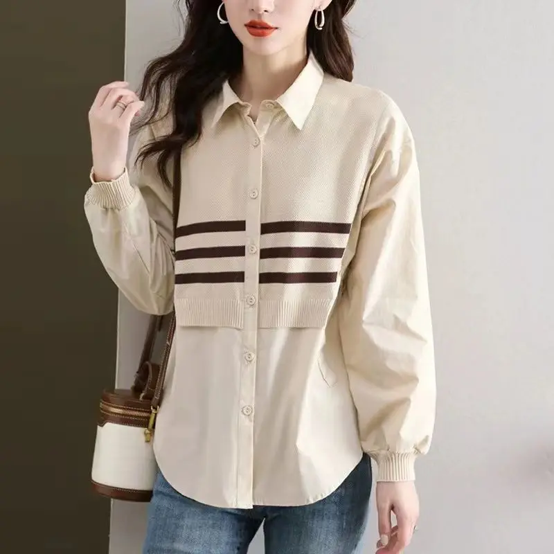 Fake Two Piece Shirt Spliced Sweater to Cover the Belly Trendy and Explosive Base Shirt New Knitted Long Sleeved Casual Top