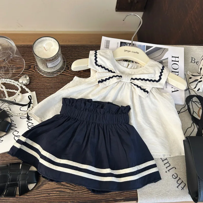 Navy Style Suit 2025 New Summer Fashion Academy Style Cute Sweet All-match Halter Tops Skirt Two Piece Set Trendy