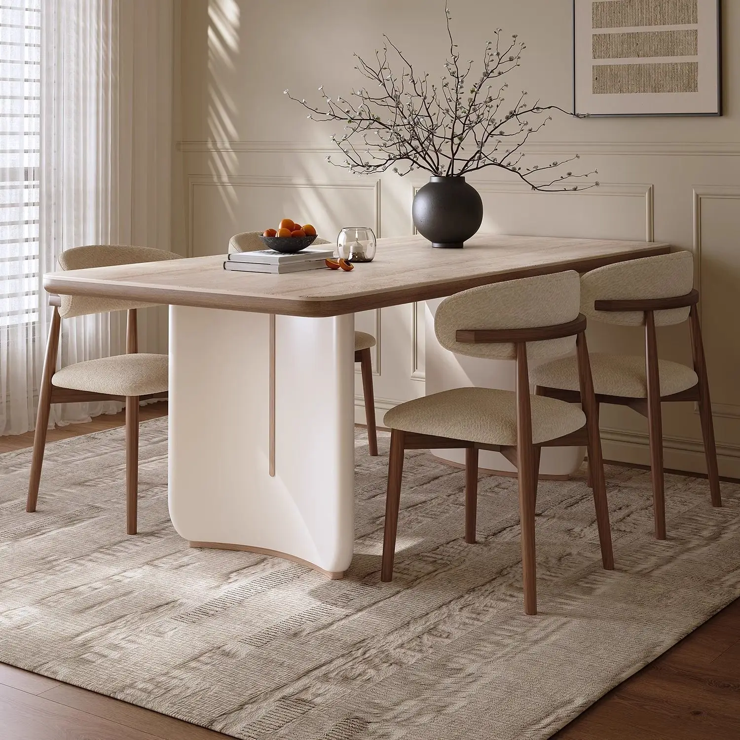 

Delifeng rock slab small apartment dining table combination dining table square solid wood dual-purpose Nordic simple log dining