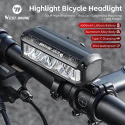 WEST BIKING High Brightness Bicycle Light 1750 Lumen IPX4 Waterproof Type-C Charging Cycling LED Flashlight MTB Road Bike Light