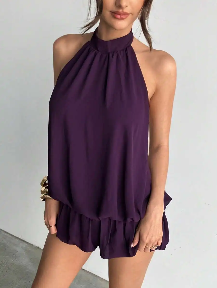 Mouwloze mini-jurk met halterhals en ruches aan de zoom voor dames voor zomerfeesten, paars