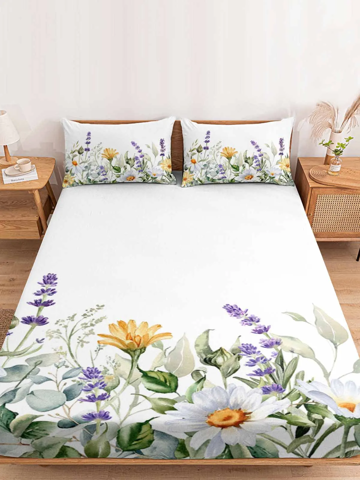 Summer Daisy Lavender Plants Flowers Bedding Fitted Sheet Set Elastic Band Mattress Cover King Size Bed Cover With Pillowcase