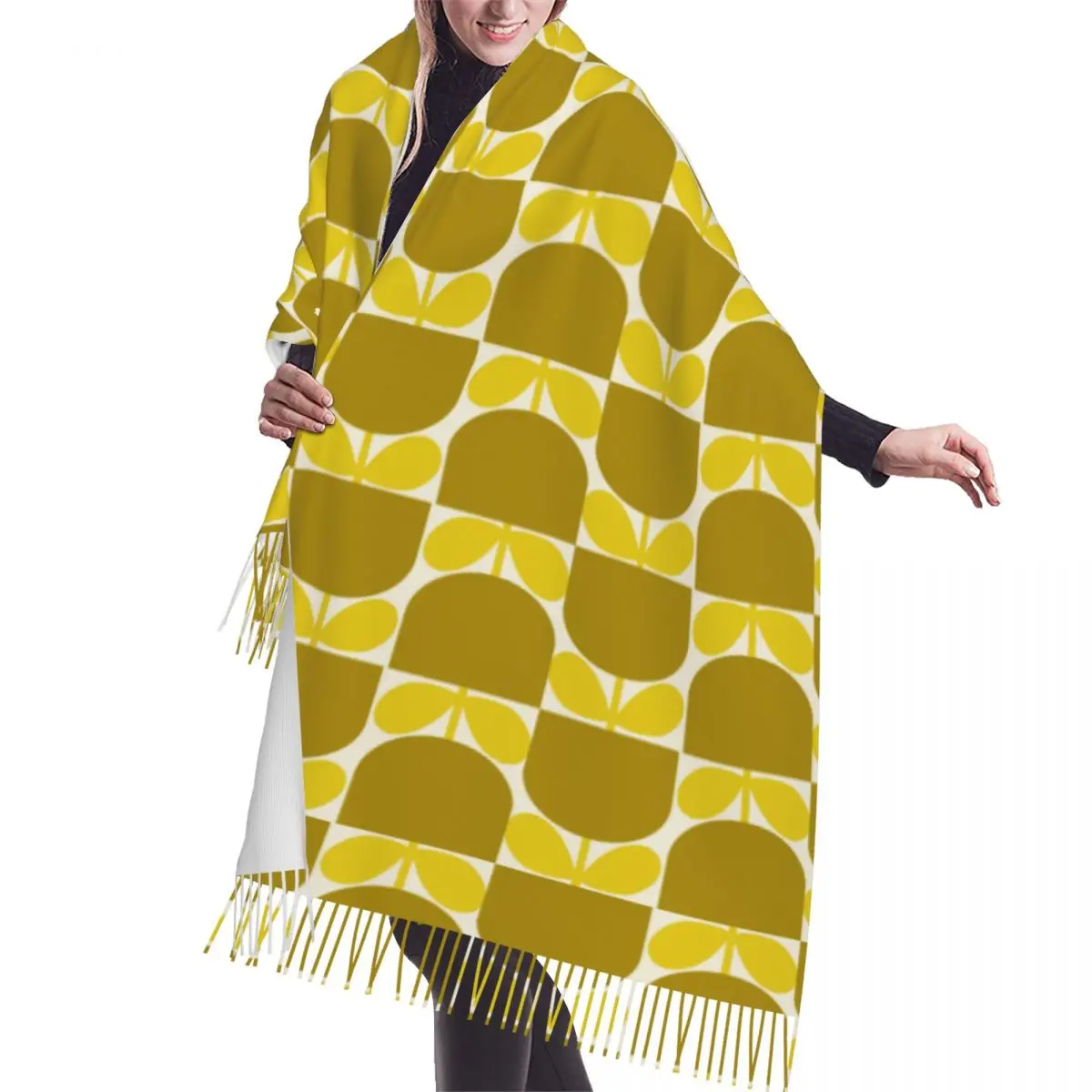 Custom Print Block Flower Ochre Scarf Wrap for Women Long Winter Warm Tassel Shawl Unisex Orla Kiely Versatile Female Scarves