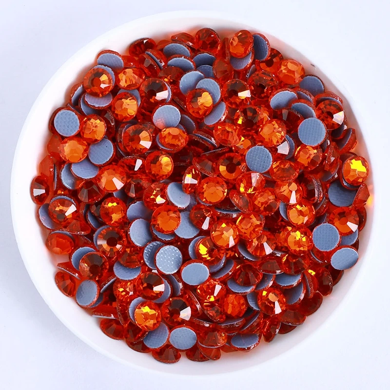 High Quality SS3-SS30 Hot Fix Glass Flatback Rhinestones Glitter Orange Round Stone Iron on Rhinestone for Clothes Accessories