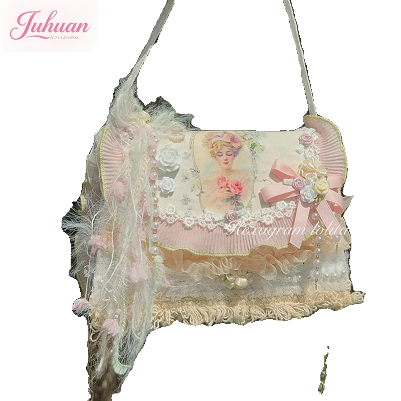 Jepang Vintage Manis Lolita Busur Renda Bunga Ruffle Pastoral Cla Gadis Yunai Tas Tangan Tas Kurir Lo Tas Kurir untuk Wanita