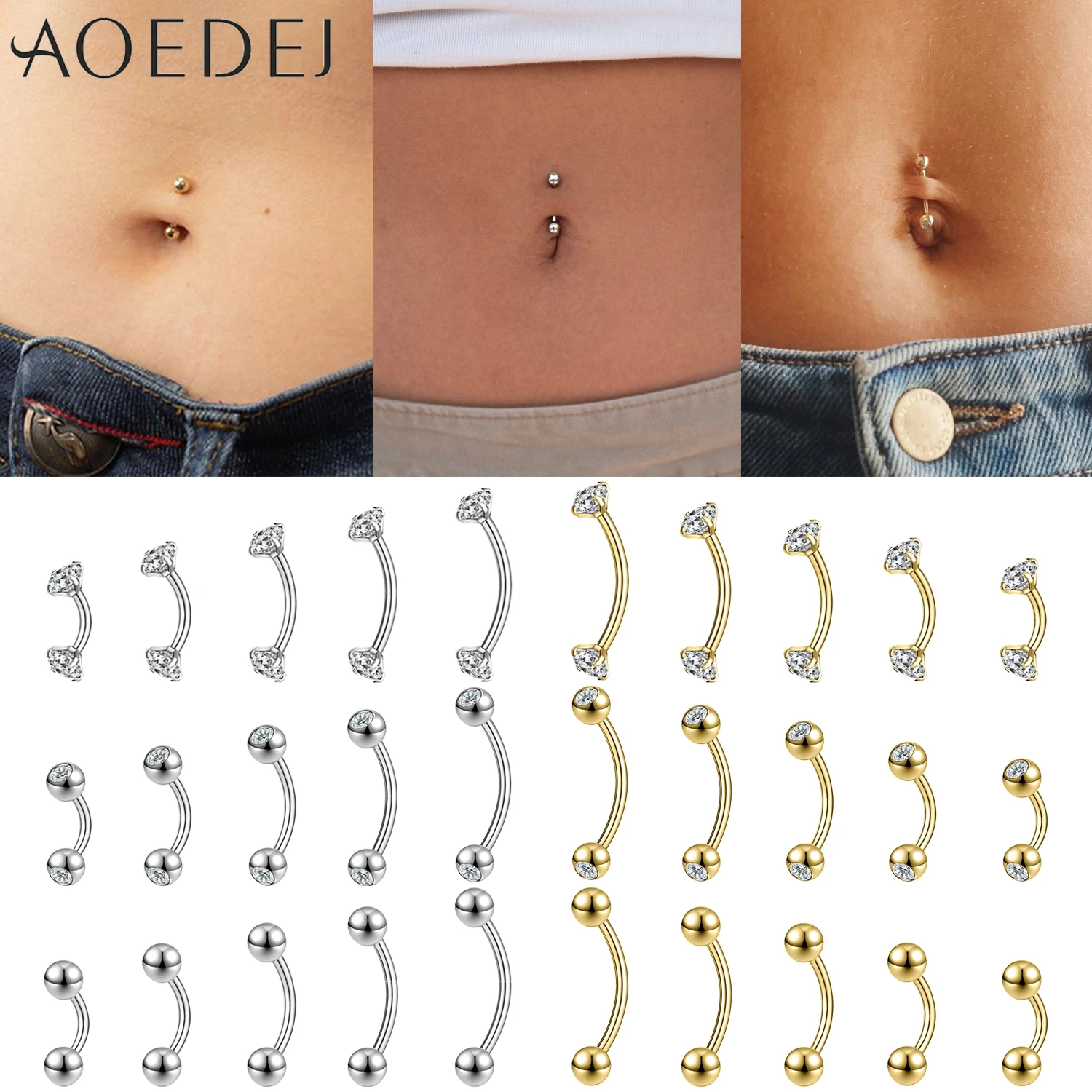 AOEDEJ 1 PC Internal Thread 14/16/18G Stainless Steel Belly Button Ring CZ Crystal Navel Rings Helix Cartilage Eyebrow Piercing