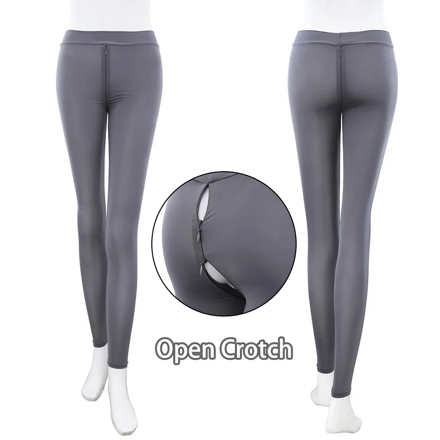 Woman Open Crotch Leggings with Double Hidden Zippers Erotic Crotchless Panties Super Thin Nylon Push Up Hollow Underwear Adult