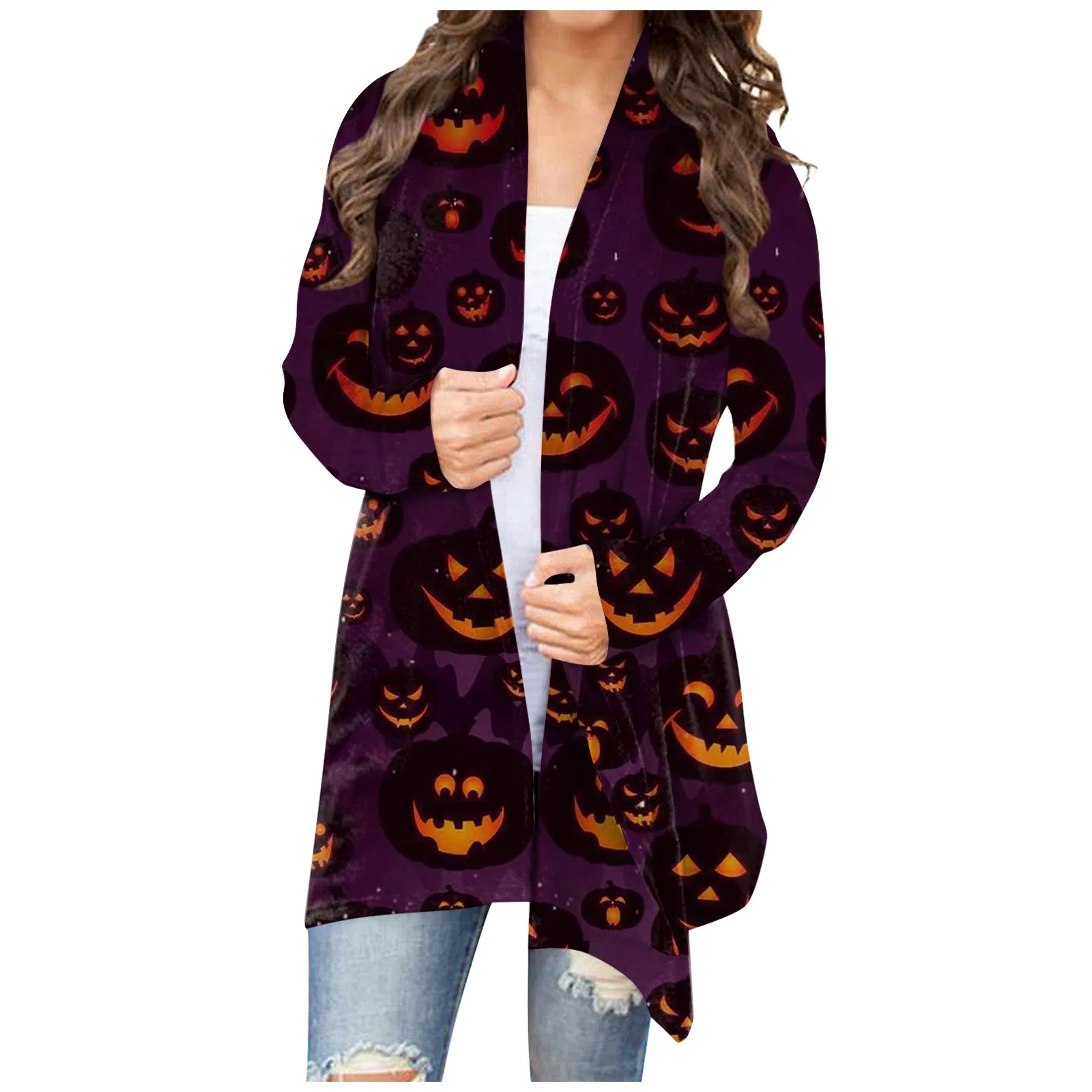 Women's Coat Spring Autumn style Casual coat Fashion Floral Halloween Print Medium Length Cardigan Jacket Coat
