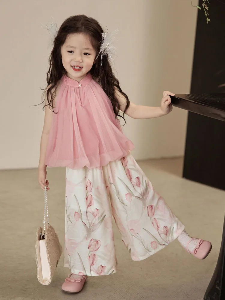 

Girls Summer Set Girl Baby Summer Sleeveless Kids Wide Leg Pants Two Piece Set Trendy Girl Clothing Sets For Children