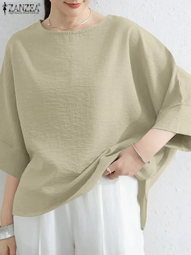 2025 Camicette da donna ZANZEA Casual O Collo Baggy Camicie da ufficio Autunno Manica 3/4 Blusas Estate Top Elegante Solid Chemise Oversize