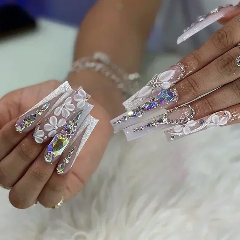 Handmade 3D Flower Extra Long Press On Nails Customized False Nail Tips Gold Bling Rhinestone Y2K Reusable 3XL Acrylic Fake Nail