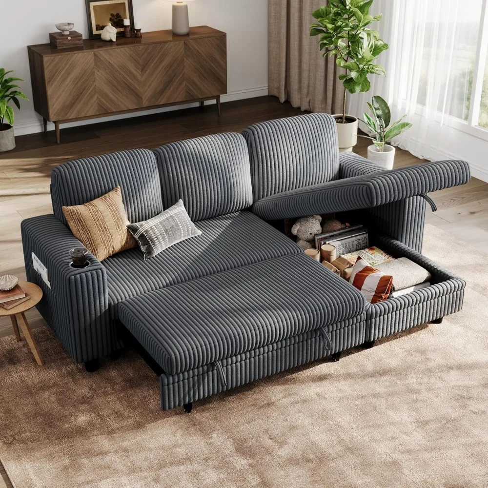 

Sectional Sleeper Sofa with Pull Out Couch Bed Convertible Plush Corduroy Cloud Couch w/ Storage Chaise & USB Charging,Sofa Bed