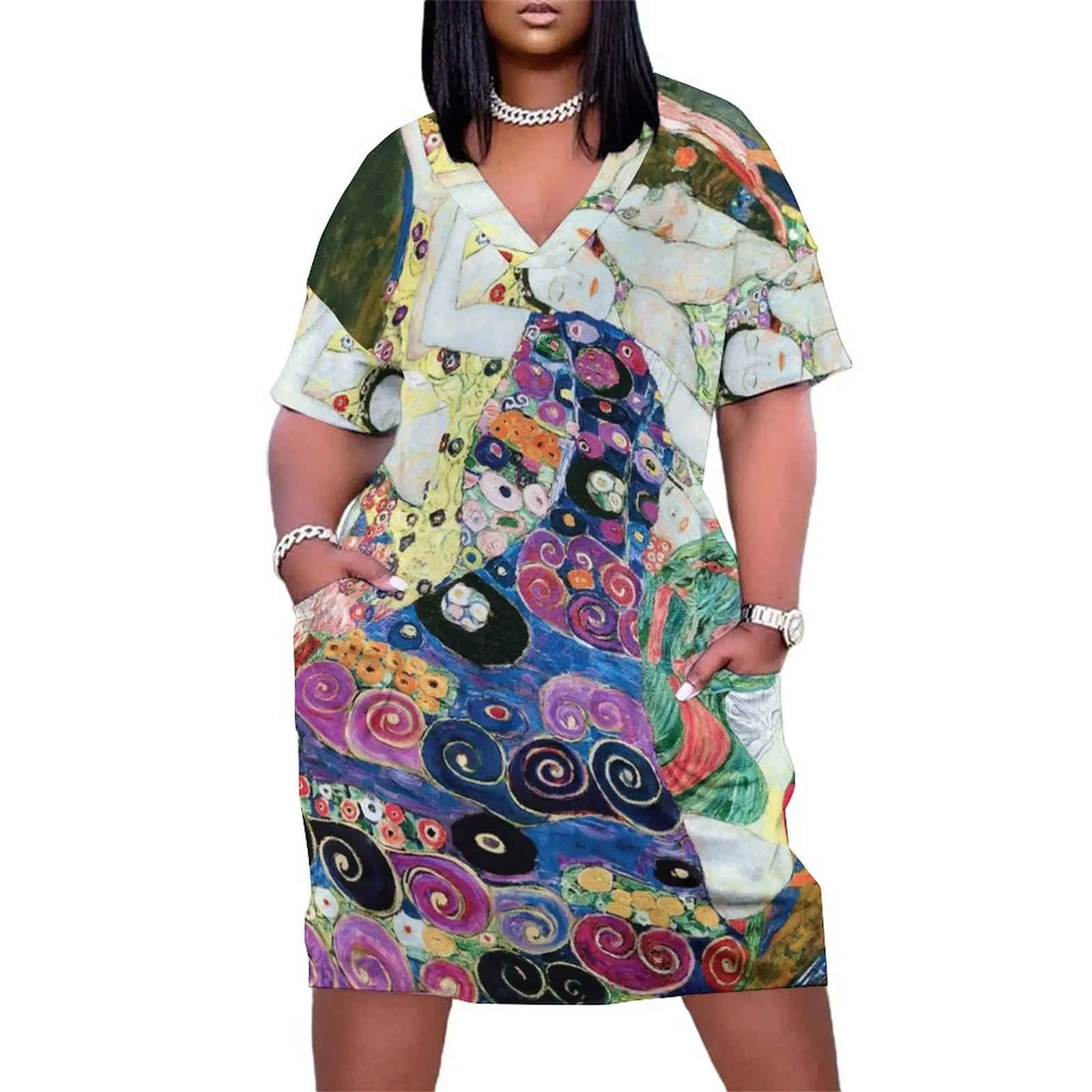 HD The maiden, by Gustav Klimt - 1913 HIGH DEFINITION Loose Pocket Dress Casual dresses women's luxury party dress