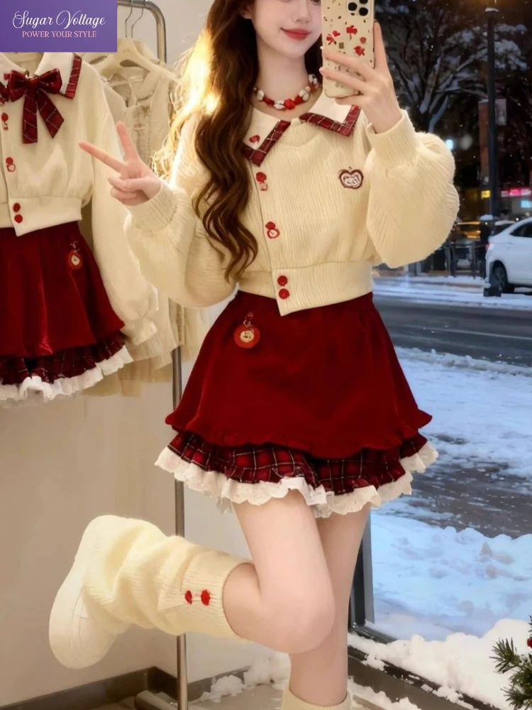 Elegant Fashion Sweet 2-Piece Set Women Slim Knit Lantern Sleeve Collar Top + Plaid Lace Mini Skirt Christmas Party Chic Outfit