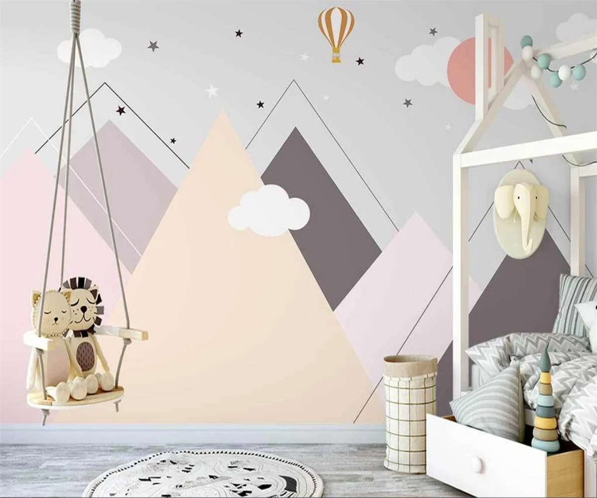 

Children's room background wall decoration 3d wallpaper Nordic geometric mountain peak hot air balloon cartoon photo wallpaper