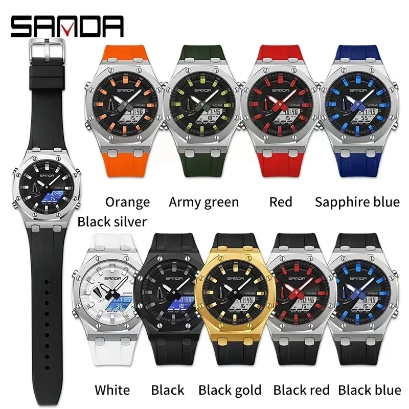 SANDA 3309 Men\'s Watch New Model Analog Digital Pointer Outdoor Sports Waterproof Luminous Alarm Mode Electronic WristWatches