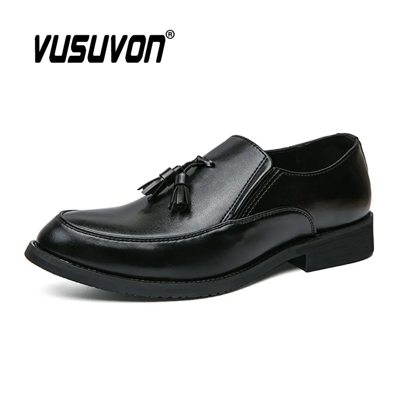 Fashion Men Tassels Loafers Split Leather Casual Dress Flats Slip-On Classic Black Footwear Big Size 38-46