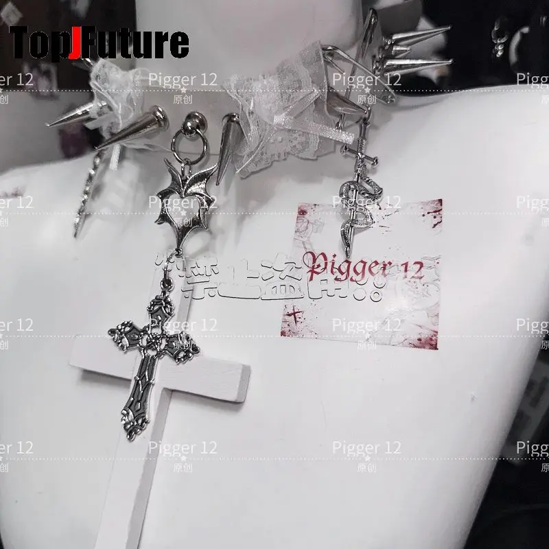 Women\'s Harajuku Steampunk Y2K The Spice Girls Punk “Angel Party”  Cross metal necklace Dark leather collar  Choker  Chokers